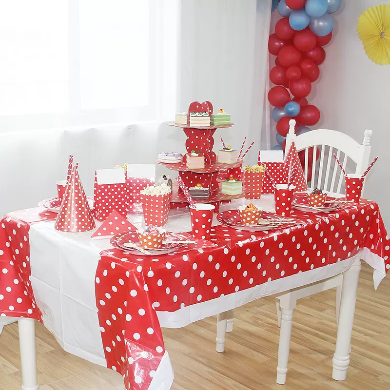 韩版新款大红色圆点纸盘一次性派对餐具纸杯纸巾生日帽子蛋糕架子