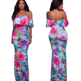 wish速卖通ebay 2017数码山茶花鲜艳印花大长裙 Maxi Dresses