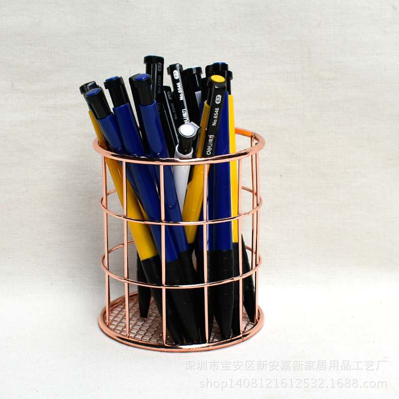 北欧玫瑰金文具用品网底圆笔筒*桌面办公室书房置物收纳文具