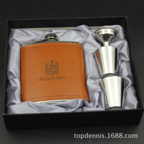 供应户外便携7盎司包皮酒壶稠布套装 不锈钢酒瓶温酒壶酒柜摆件