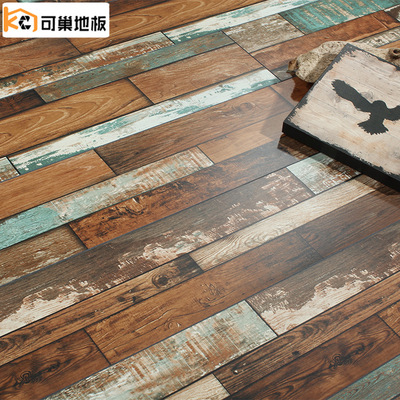 可巢地板廠家批發個性彩色複古地板耐磨仿實木強化地板服裝店做舊