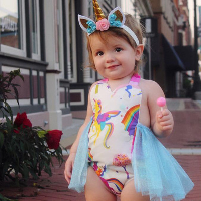 跨境专供 INS爆款童装亚马逊/速卖通女童夏款卡通印花网纱爬服|ru