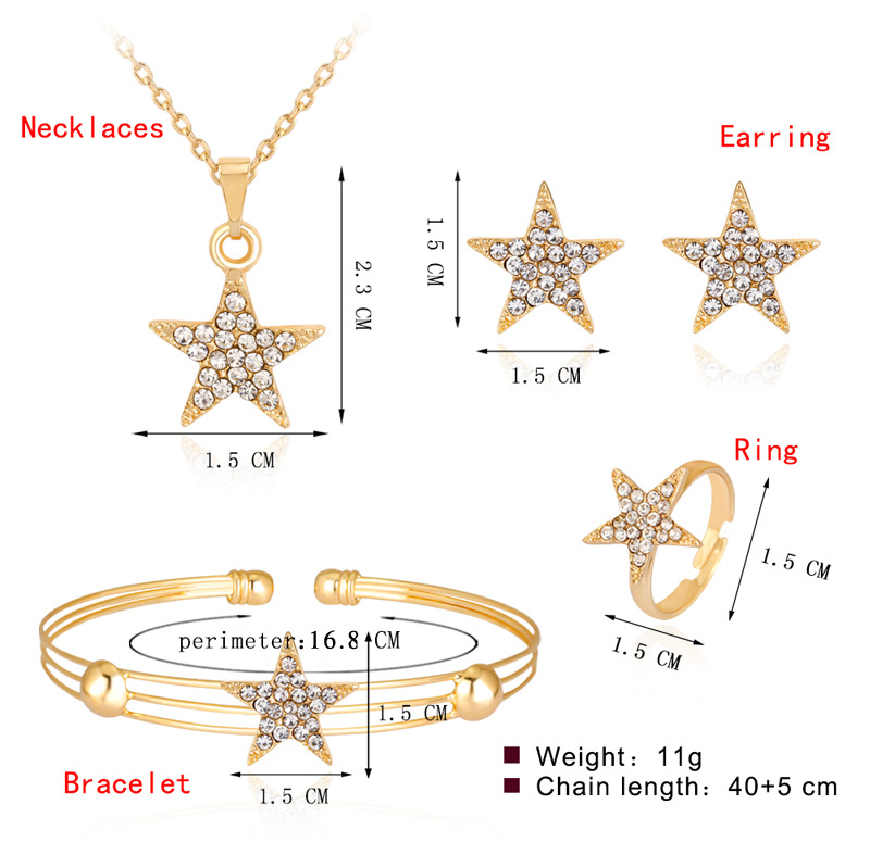 Einfache Und Modische Niedliche Sterns Chmuck Set Legierung Eingelegter Strass Halskette Ohrringe Armband Ring Vierteiliges Set display picture 1