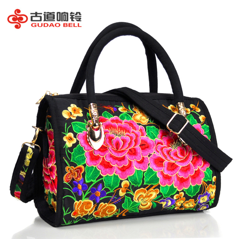 Estilo étnico bordado crossbody portátil de doble uso bolsa de tambor lienzo bordado floral bolsa de viaje hombro portátil bolso de las mujeres