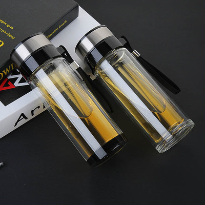 隨手泡茶隔熱透明水晶廣告帶手提蓋雙層高硼矽杯  玻璃杯 定制log