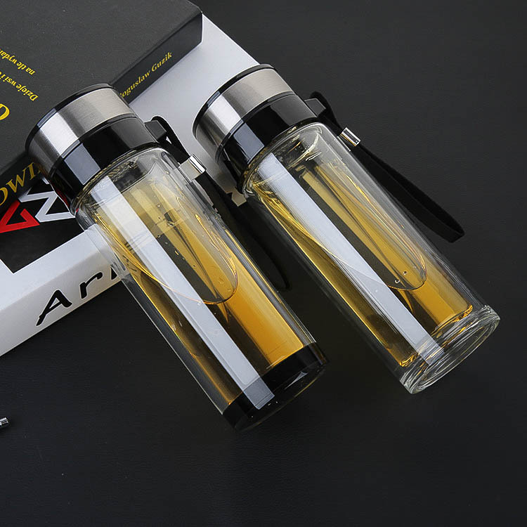 隨手泡茶隔熱透明水晶廣告帶手提蓋雙層高硼矽杯  玻璃杯 定制log