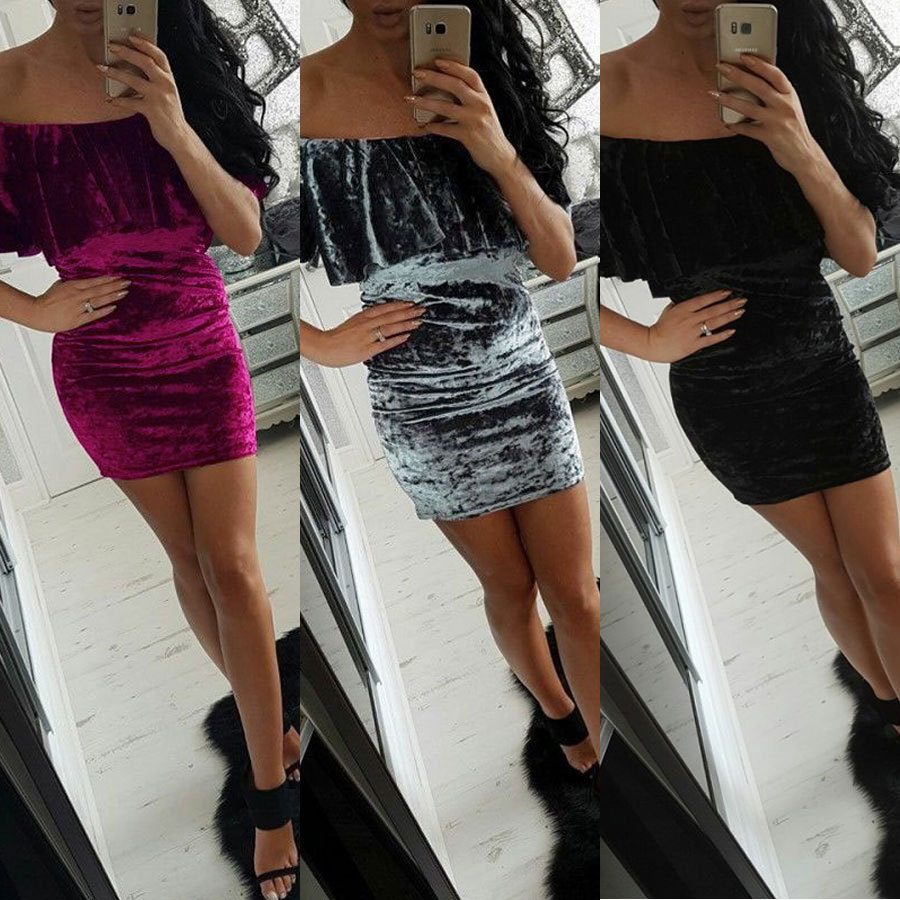 速卖通Wish外贸一字领荷叶边露肩金丝绒性感包臀连衣裙