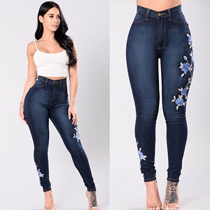 hot women wear European embroidered jeans pencil pants