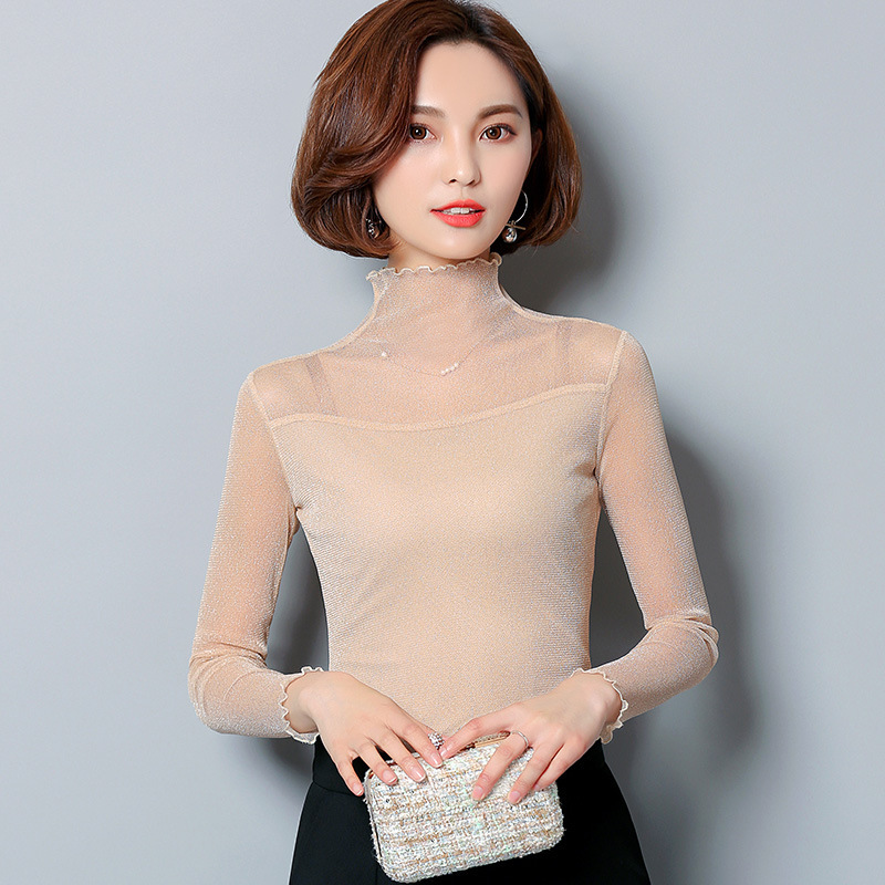 2020 Spring and Summer Top T-shirt Women's Ear High Collar Mesh Base Shirt Gold and Silver Silk Slim-fit Large Size Long Sleeve