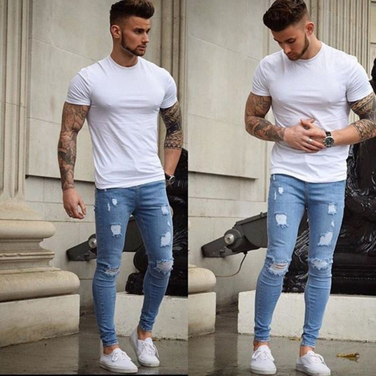 White And Worn-Out Slim Jeans Wholesale European And American Men'S Tight Jeans