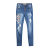 Elastic Slim Mid-high waist embroidered hole jeans women