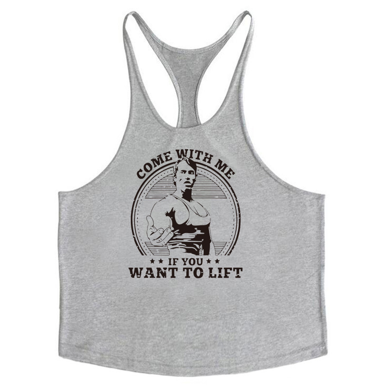 Arnold Schwarzenegger's classic fitness tank top with thin straps, a solid color printed overcoat