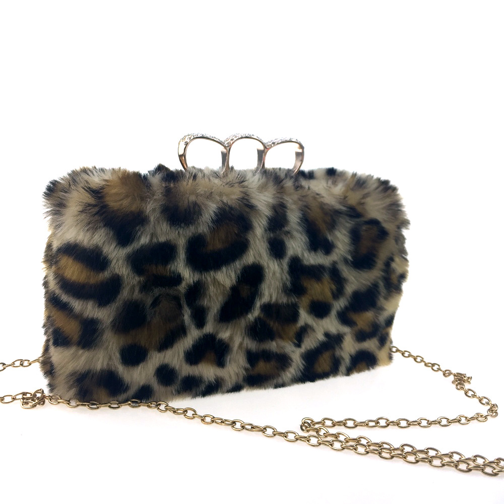 Túi clutch nữ lông giả họa tiết da báo, tay cầm và dây xích, dự tiệc sang trọng — Họa tiết da báo màu mơ, Họa tiết da báo màu camel chi tiết 8