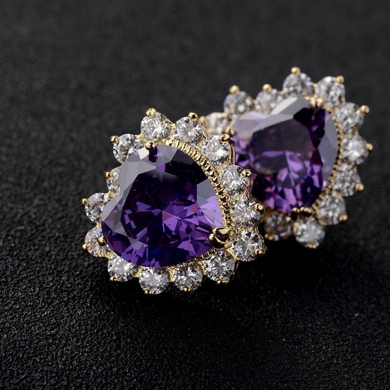 28g Weight Artificial Gemstones Inlay Material Earrings, Ear Studs Classification Wedding, Travel Occasion Copper Material Heart Pattern Women'S Gender Fashion Style Purple, Green, Silver Color Fashion Jewelry Simple And Sweet Inlaid With Aaa Zircon Heart-shaped Earrings 1