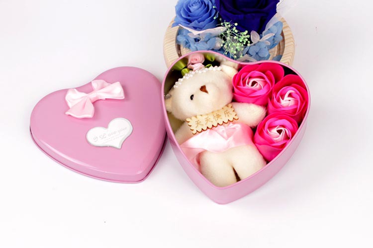 Día De San Valentín Creative 3 Roses Soap Flowers Plus Bear Caja De Lata En Forma De Corazón display picture 11