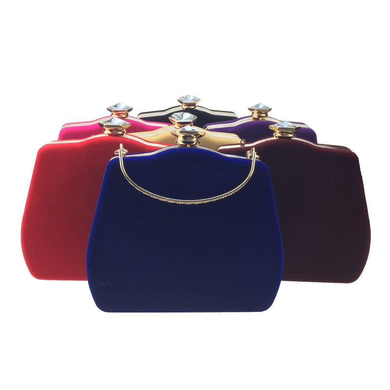 Túi clutch nữ dạ tiệc nhung hình quả bầu đính đá hộp cứng kèm dây xích — Màu đỏ, Màu đỏ rượu, Màu tím, Màu xanh lam