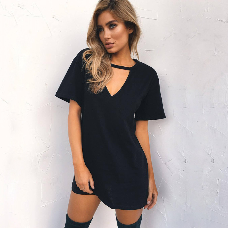 Sexy Deep V-neck Short Sleeve Loose Casual Dress NSGE38867