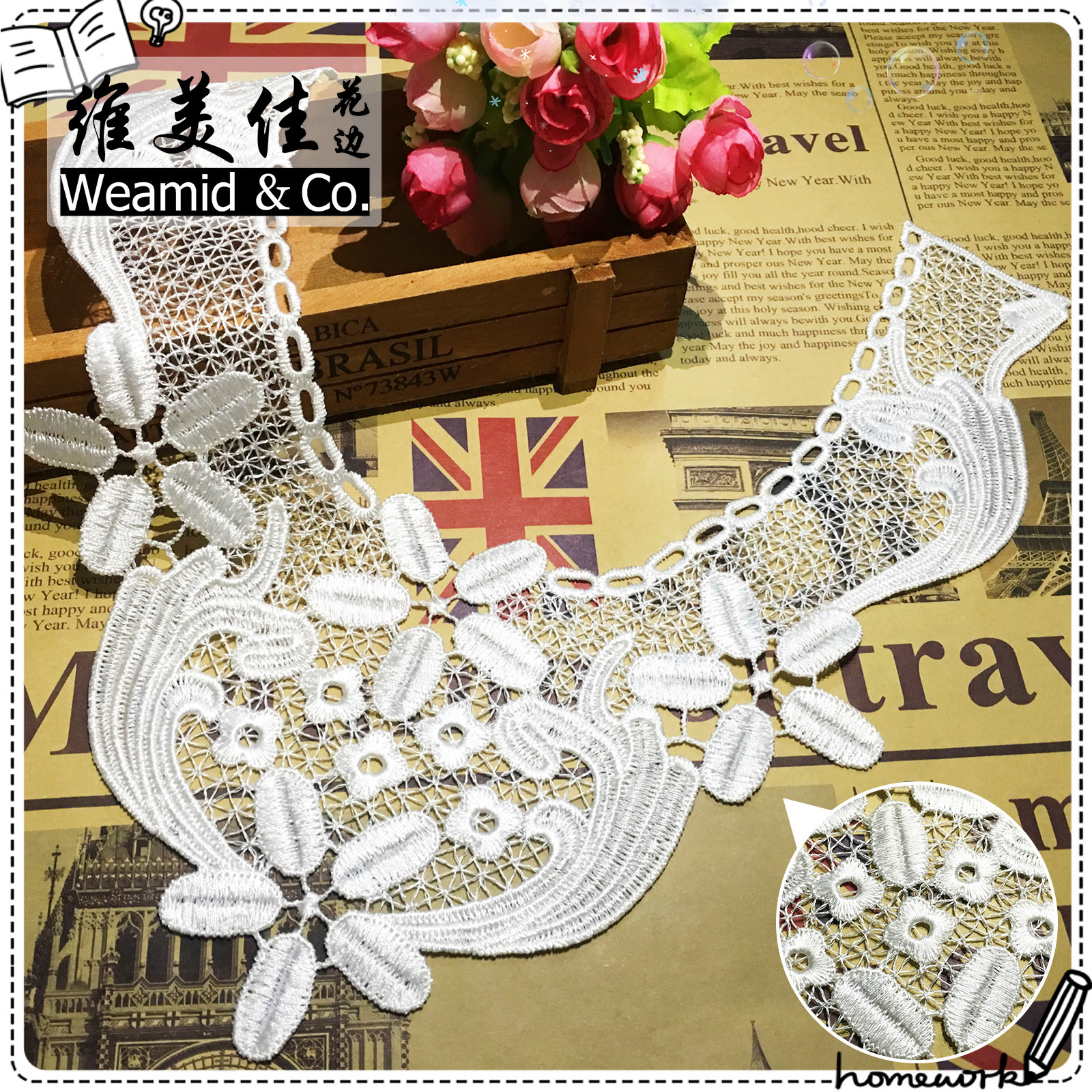 厂家直销 水溶蕾丝花边 涤光圆领镂空领花 电脑绣花 DIY服装辅料