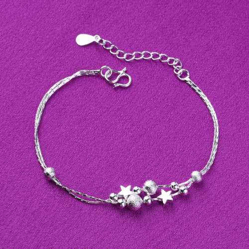 Bracelet with Beads, Women's Silver Bracelet, Japanese and Korean Style Small Star Accessories, Double Layer Polished Bead Small Gift, Gift for Feet Bracelet, Wholesale