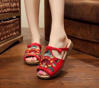 2017春夏新款绣花 民族风鞋N022 亚麻复古手工拖鞋|ru