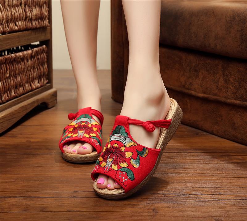 2017春夏新款绣花 民族风鞋N022 亚麻复古手工拖鞋|ru
