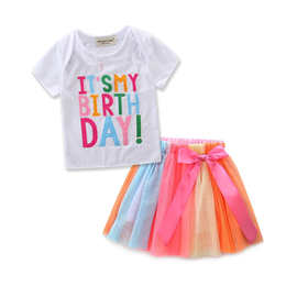 外贸女童生日套装ins女宝宝短袖字母T恤彩色网纱半身裙两件套代发