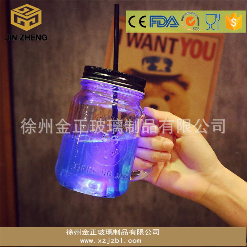闪光led灯玻璃杯 新款酒吧专用 时尚欧式带把梅森饮料瓶
