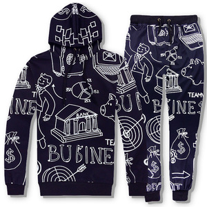 men casual suit sports winter Hoodie printed long sleeved pants two piece set custom comic sketch