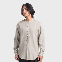 小立领中国风纯色亚麻长袖衬衫中式复古宽松大码衬衣男