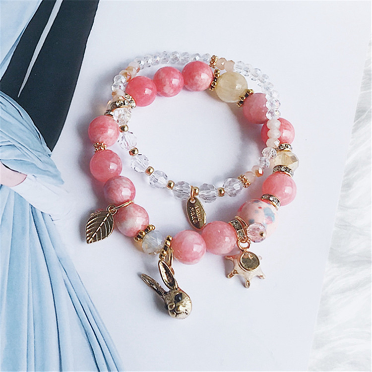 2 sets natural Stone Blue Gravel crystal multi-storey Leaf Bunny zircon Pendant Beading Bracelet Hand string