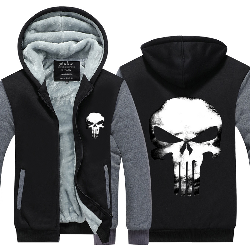 2020 Autumn and Winter Cotton-Padded Jacket Zipper Jacket Punisher Skull Sweatshirt Men's Velvet Thickened Jacket 2020 Autumn and Winter Cotton-Padded Jacket Zipper Jacket Punisher Skull Sweatshirt Men's Velvet Thickened Jacket