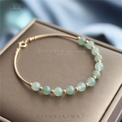 Qi Xiang rain Natural middling 6mm Jade bracelets manual Jewellery 14K Gold Bracelet