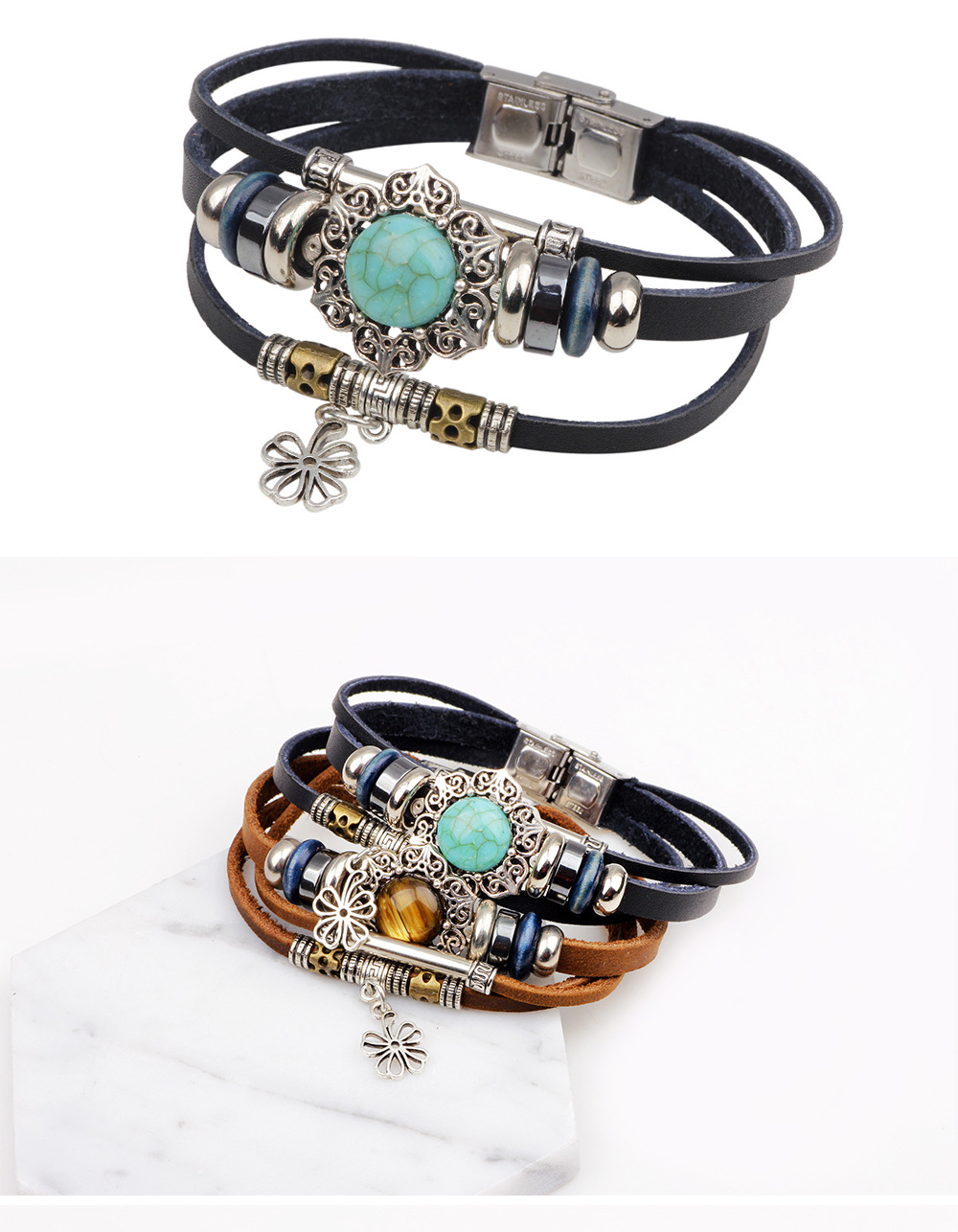 New Alloy Buckle Leather Beaded Clover Bracelet Wholesale display picture 1