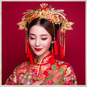 Chinese bridal phoenix headdress Xiuhe wedding dress empress queen film cosplay head jewelry set earrings red hair clip Chinese wedding party hair accessories