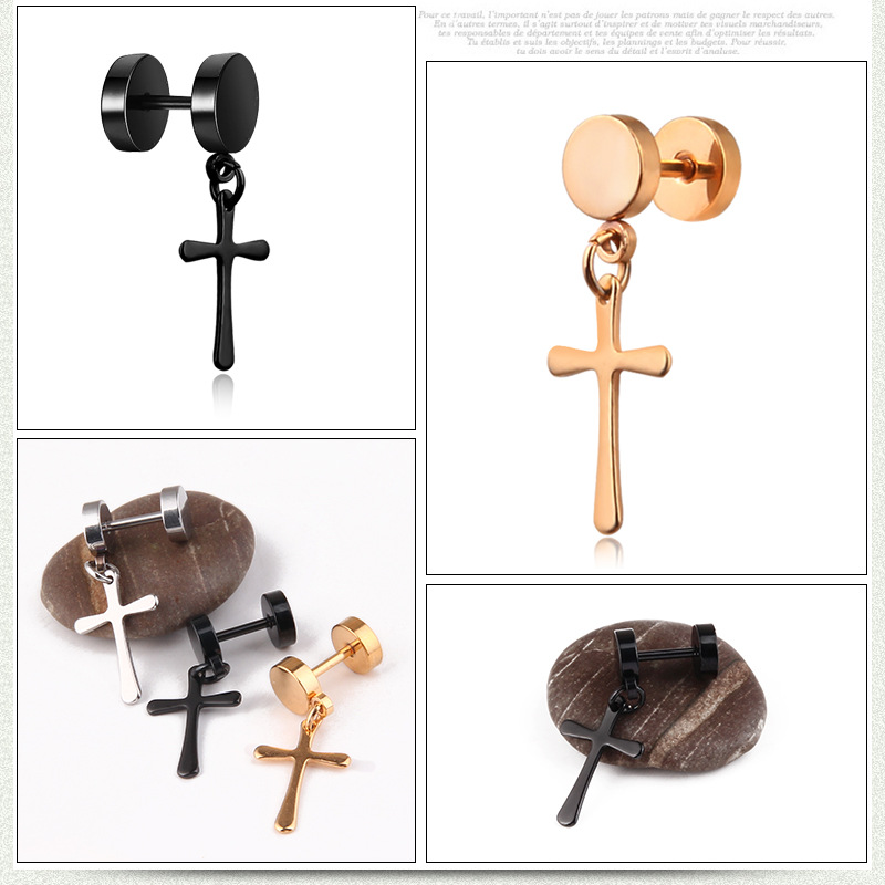 1 Piece Simple Style Cross Plating Titanium Steel Drop Earrings display picture 1