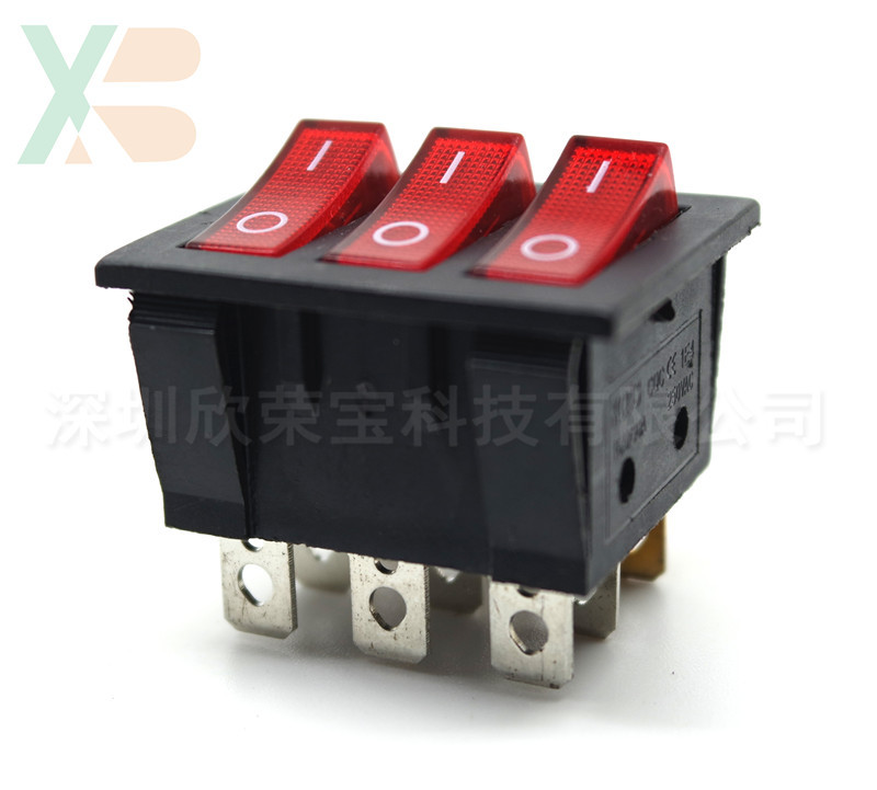 船型开关 翘班开关 电源开关 三联开关带红灯 全铜34x40 KCD-07铜