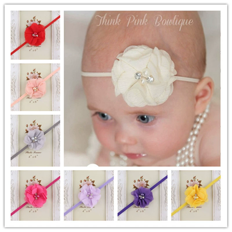 Популярный европейский и американский детский головной убор шифоновый Жемчужный Цветок для ручного шитья с тонким ремешком на голову Детская повязка для волос в наличии