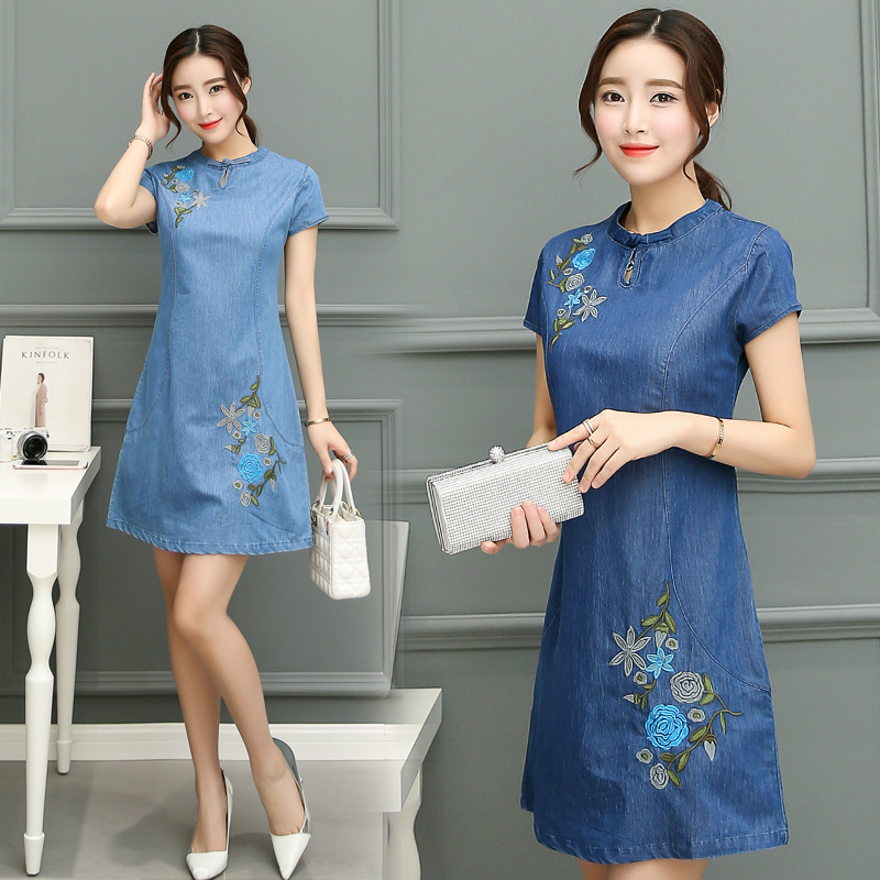 Drip Tray Button Slim Embroidery Length Cheongsam Skirt Denim Dress