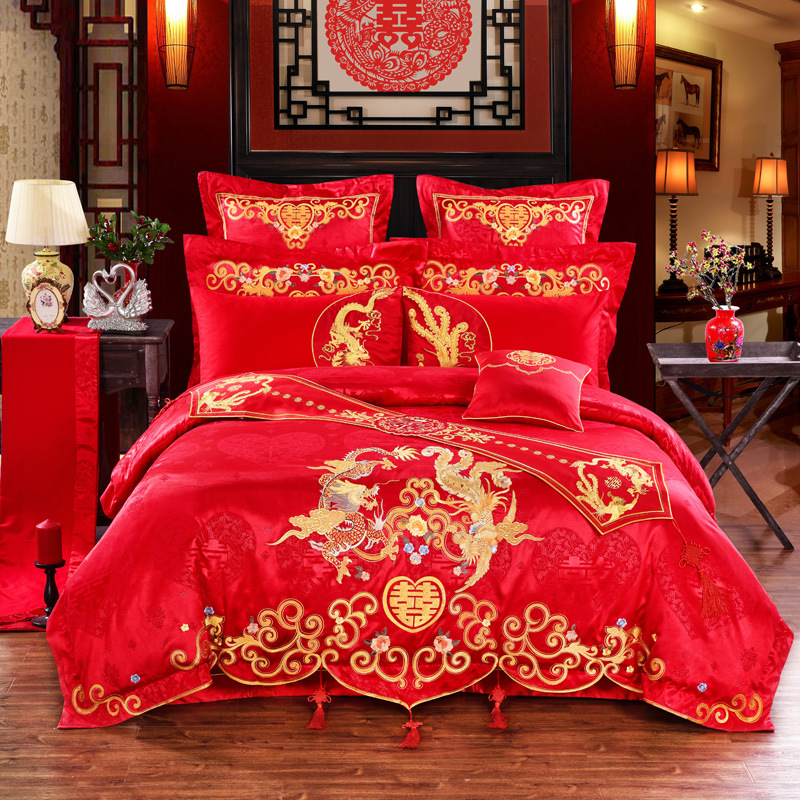 婚庆四件套大红床品被套多件套全棉结婚四六八十件套刺绣床上用品