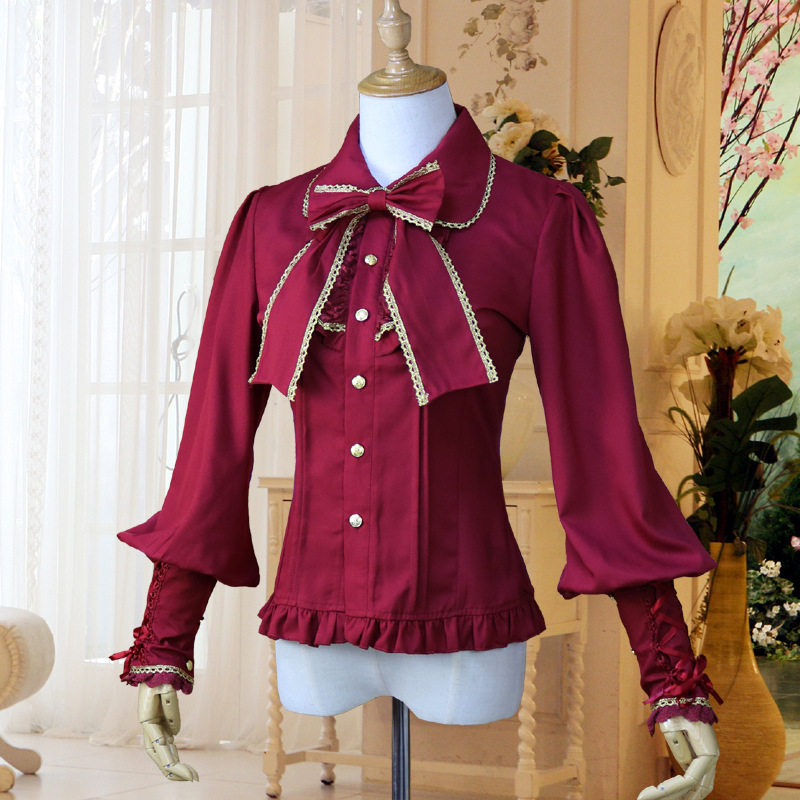 ヨーロッパのレトロなランタンの袖の金の縁のレースのシフォンのlolitaの洋服の長袖の女性のシャツ