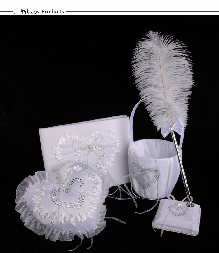 Wedding product manufacturer directly supplies Western-style wedding supplies set, wedding three-piece set, ring pillow, feather sign-in pen, sign-in book wholesale detail image 5