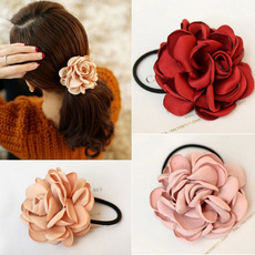 韩版新款时尚百搭布艺发饰仿真花朵皮筋 山茶花玫瑰花发圈头饰女