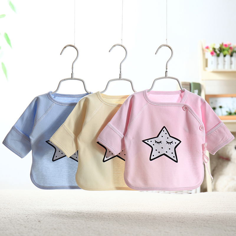 新生儿衣服0-3月精梳纯棉无骨半背衣婴儿偏襟系带护手单件上衣|ru