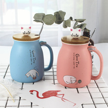 日式咖啡杯创意木盖猫咪牛奶马克杯带盖勺可爱卡通陶瓷杯早餐水杯