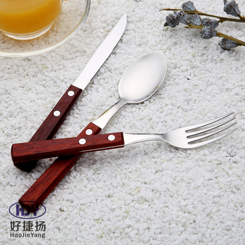 Amazon cross-border 304 stainless steel log handle steak Western food knife fork spoon gift printed logo