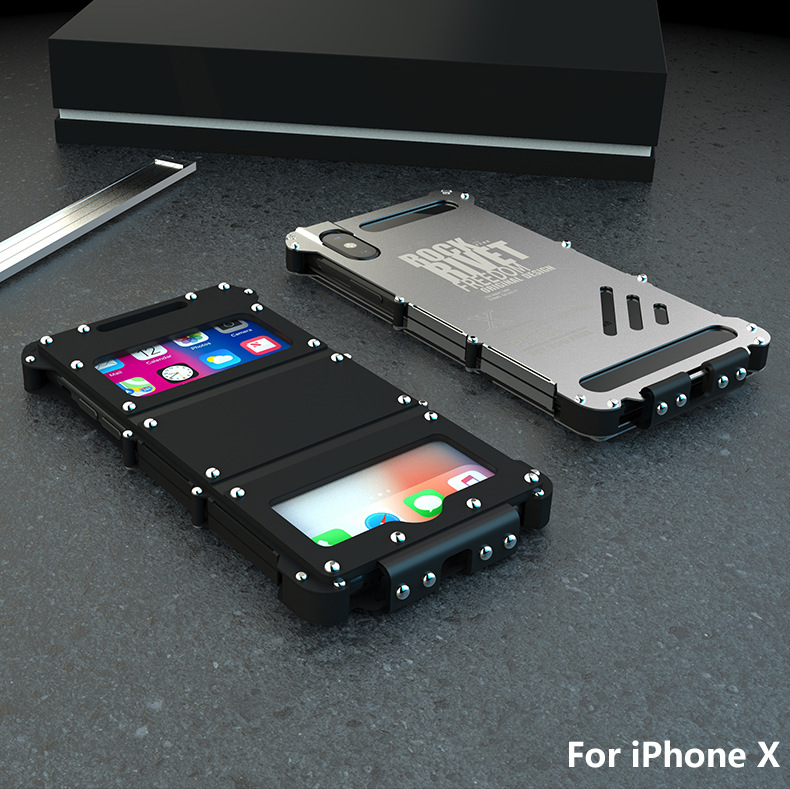 Armor King Iron Man Stainless Steel Dual Window Rivet Leather 360° Flip Case Cover for Apple iPhone X