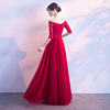 One word shoulder bridal toast new red wedding Korean wedding evening dress ladies elegance long spring long sleeve