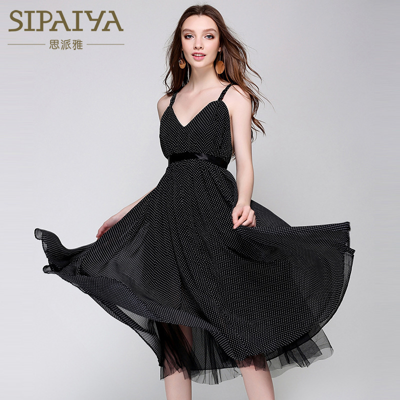 Sipiya 2020 Summer new Korean style sexy strap off-shoulder polka dot slim high waist dress A- line skirt for women