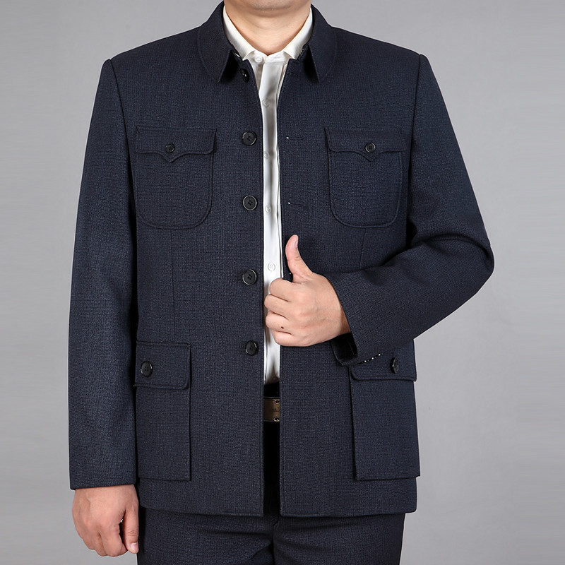 批发秋冬新款毛氏加绒中山装老年民族服饰翻领可调裤腰加厚两件套|ms