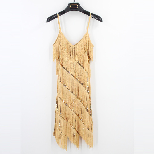 Adult Latin Dance Skirt Performance Costume, Sparkling Stage Performance Dress, Sexy Strappy Fringe Dress